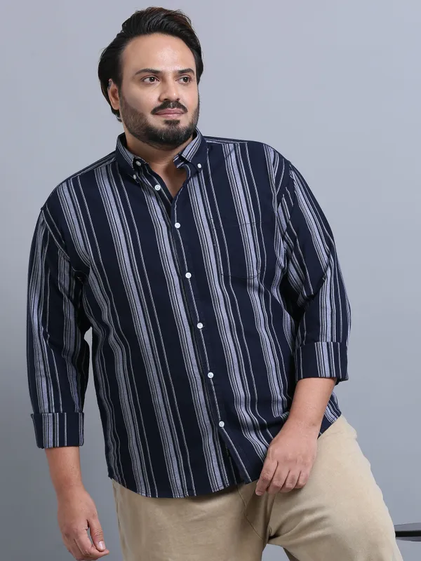 Gandia_Navy_&_White_Cotton_Plus_Size_Striped_Shirt_For_Men