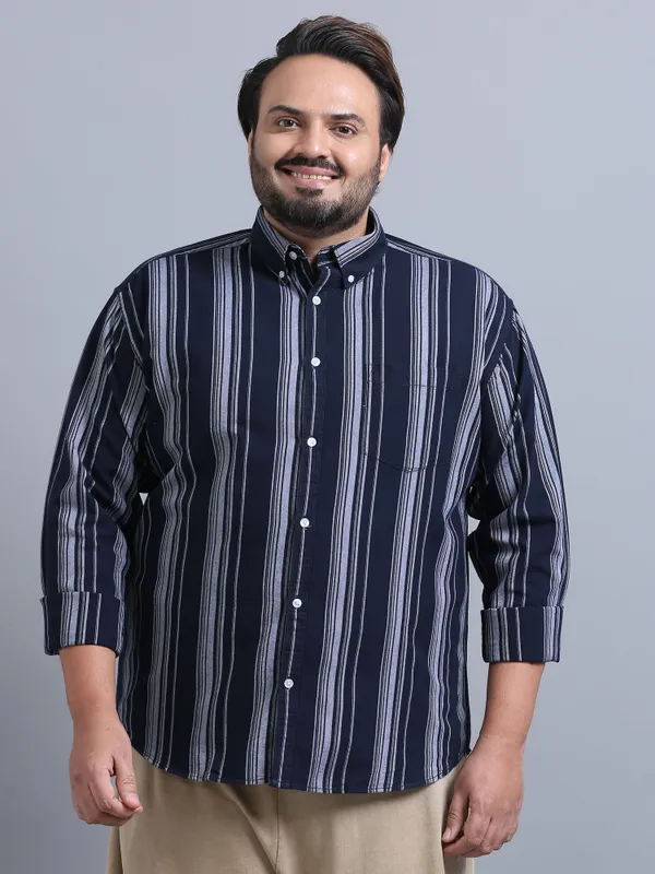 Gandia_Navy_&_White_Cotton_Plus_Size_Striped_Shirt_For_Men
