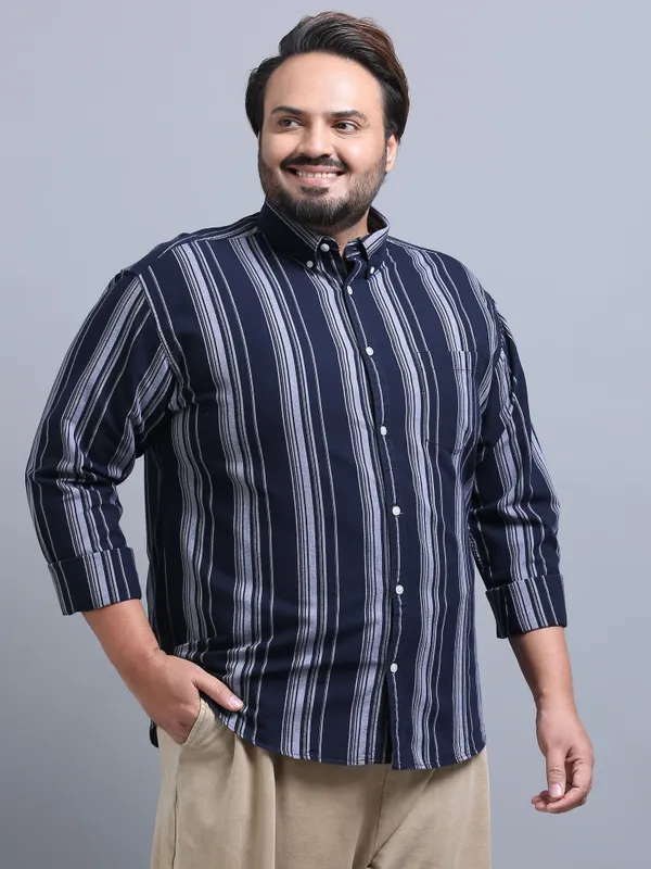 Gandia_Navy_&_White_Cotton_Plus_Size_Striped_Shirt_For_Men