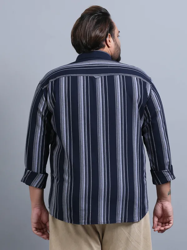 Gandia_Navy_&_White_Cotton_Plus_Size_Striped_Shirt_For_Men