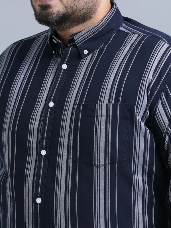 Gandia_Navy_&_White_Cotton_Plus_Size_Striped_Shirt_For_Men