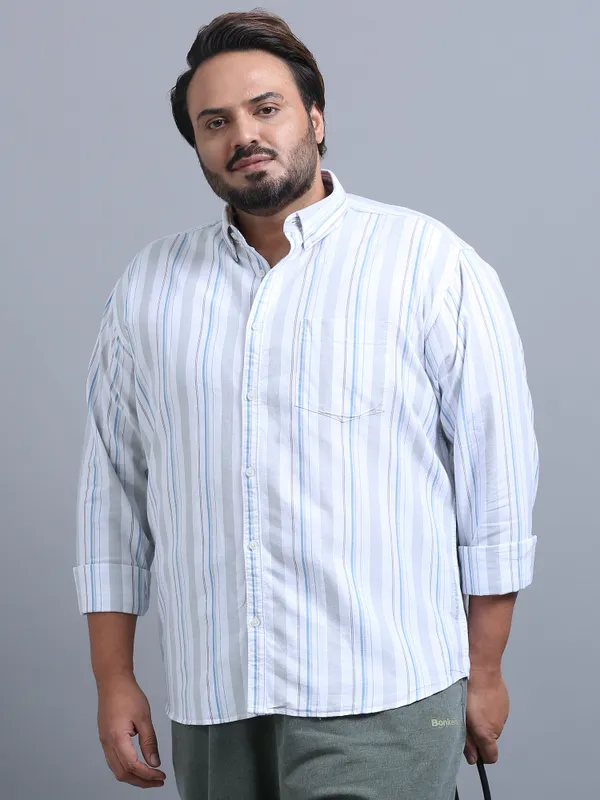 Gandia_Ghost_White_Cotton_Plus_Size_Striped_Shirt_For_Men