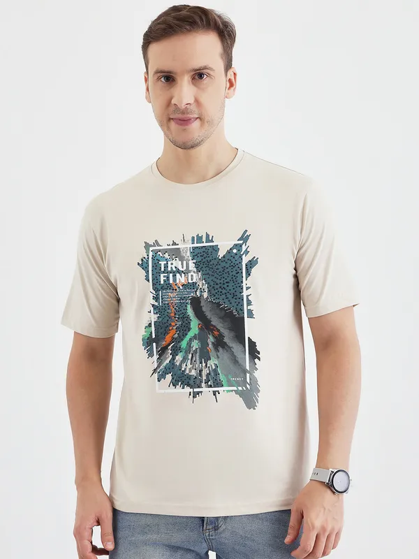 Beige_Cotton_Graphic_Print_T-Shirt_Round_Neck_For_Men
