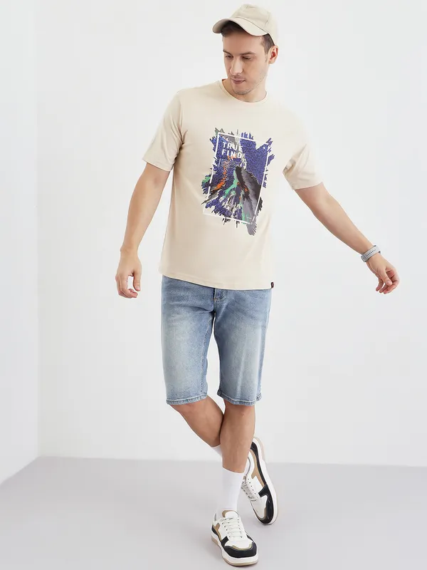 Beige_Cotton_Graphic_Print_T-Shirt_Round_Neck_For_Men