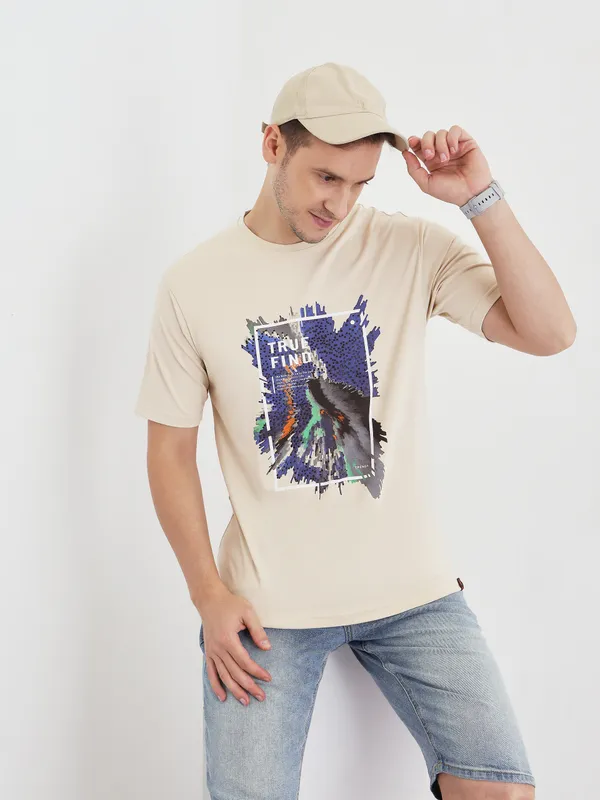 Beige_Cotton_Graphic_Print_T-Shirt_Round_Neck_For_Men