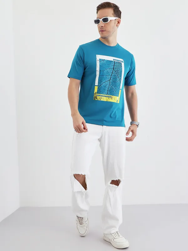Blue_Cotton_Printed_Half_Sleeves_T-Shirt_For_Men