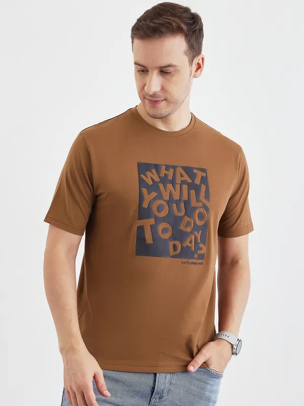 Tan_Cotton_Graphic_Print_Summer_T-Shirt_For_Men