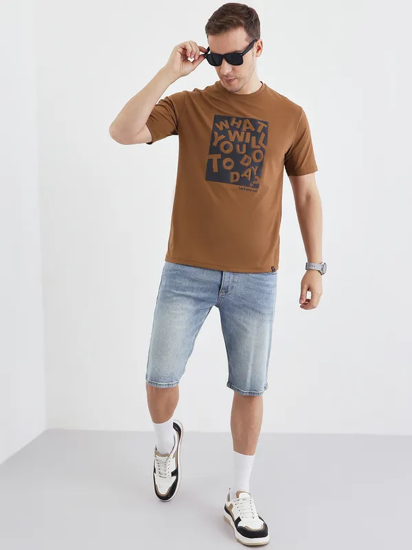 Tan_Cotton_Graphic_Print_Summer_T-Shirt_For_Men