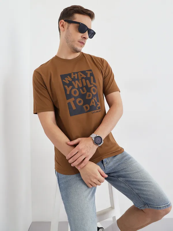 Tan_Cotton_Graphic_Print_Summer_T-Shirt_For_Men