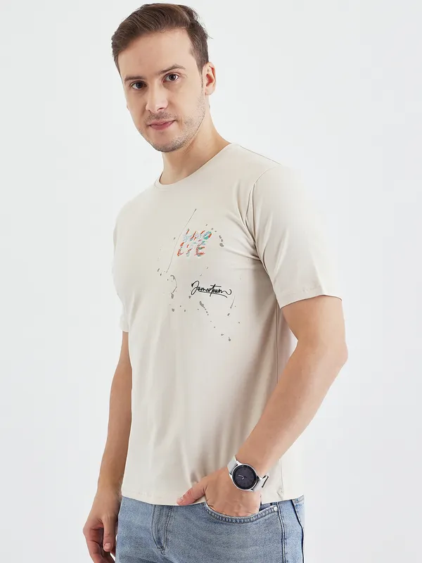 Beige_Cotton_Printed_T-Shirt_For_Men