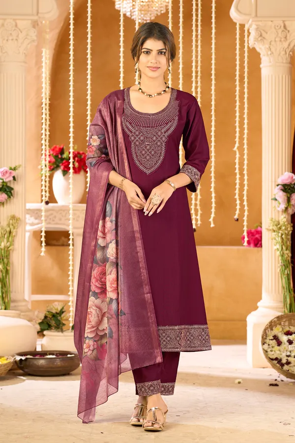 Burgundy_Embroidered_A_Line_Viscose_Blend_Festive_Ethnic__Bottom_Wear_Kurta_Pant_Set_with_Dupatta_Set