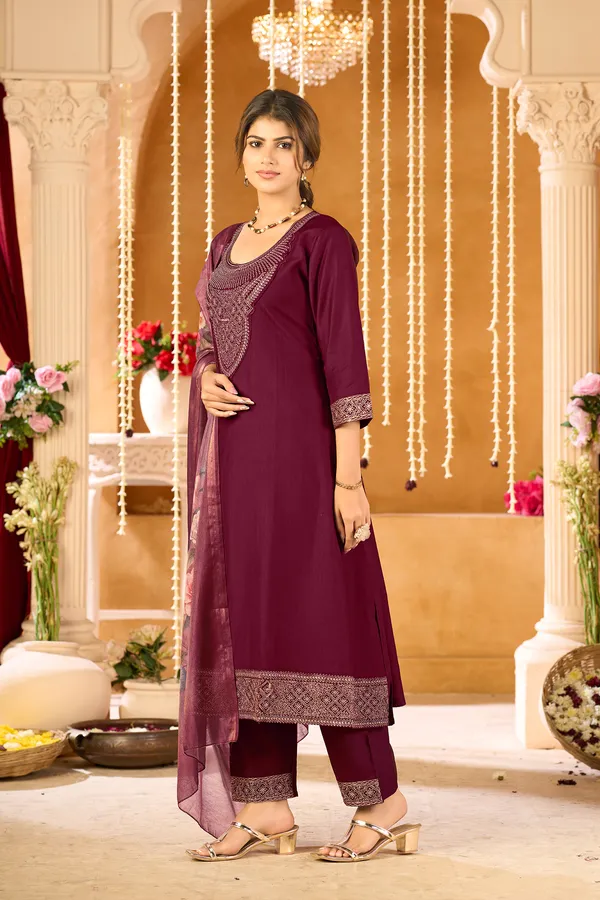 Burgundy_Embroidered_A_Line_Viscose_Blend_Festive_Ethnic__Bottom_Wear_Kurta_Pant_Set_with_Dupatta_Set