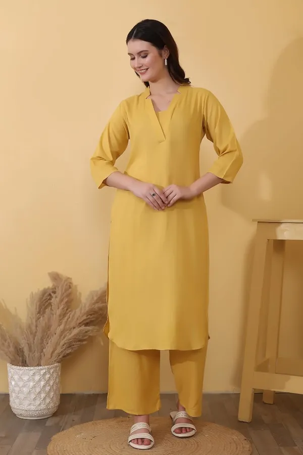 Mustard_Plain_Viscose_Rayon_Casual_&_Lounge_Bottom_Wear_Kurta_Palazzo_Set_For_Women