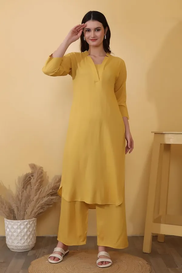 Mustard_Plain_Viscose_Rayon_Casual_&_Lounge_Bottom_Wear_Kurta_Palazzo_Set_For_Women