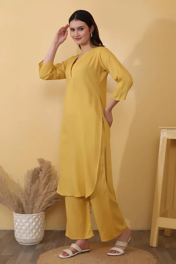 Mustard_Plain_Viscose_Rayon_Casual_&_Lounge_Bottom_Wear_Kurta_Palazzo_Set_For_Women