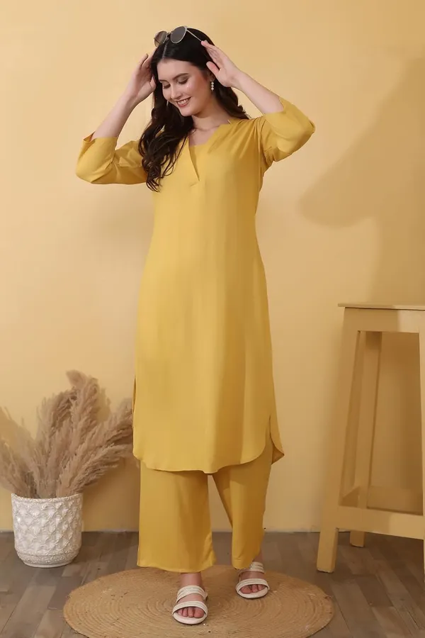 Mustard_Plain_Viscose_Rayon_Casual_&_Lounge_Bottom_Wear_Kurta_Palazzo_Set_For_Women
