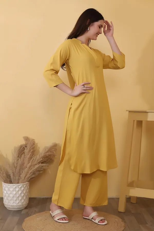 Mustard_Plain_Viscose_Rayon_Casual_&_Lounge_Bottom_Wear_Kurta_Palazzo_Set_For_Women