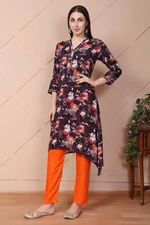 Orange_Viscose_Rayon_Printed_Kurta_&_Solid_Pant_Ethnic_Wear_Stylish_Festive_&_Casual_Bottom_Wear_Kurti_Set_For_Women