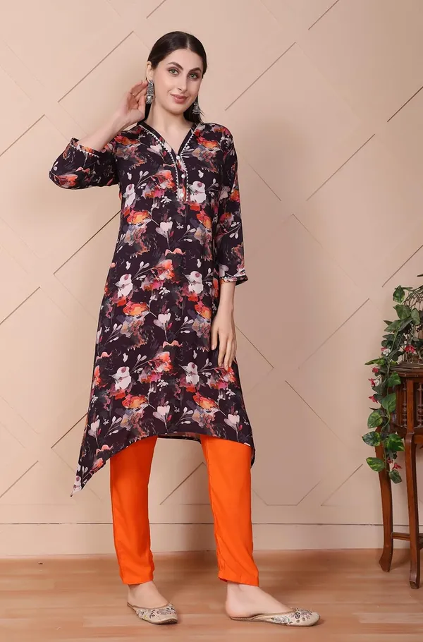 Orange_Viscose_Rayon_Printed_Kurta_&_Solid_Pant_Ethnic_Wear_Stylish_Festive_&_Casual_Bottom_Wear_Kurti_Set_For_Women