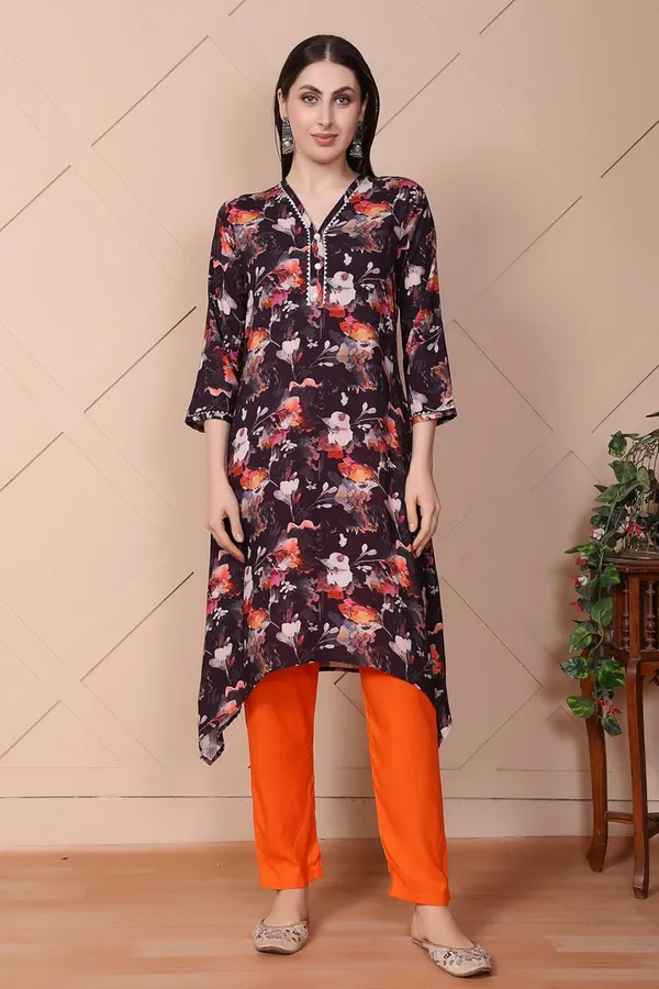 Orange_Viscose_Rayon_Printed_Kurta_&_Solid_Pant_Ethnic_Wear_Stylish_Festive_&_Casual_Bottom_Wear_Kurti_Set_For_Women