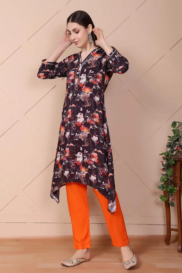 Orange_Viscose_Rayon_Printed_Kurta_&_Solid_Pant_Ethnic_Wear_Stylish_Festive_&_Casual_Bottom_Wear_Kurti_Set_For_Women