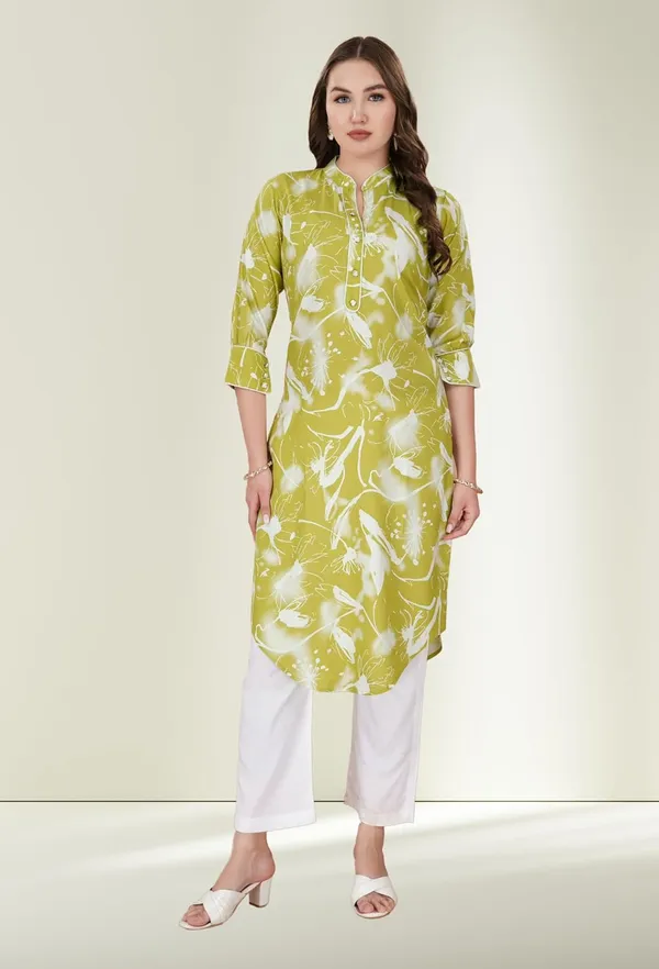Pista_Green_Viscose_Rayon_Straight_Bottom_Wear_Kurti_Pant_Set_For_Women