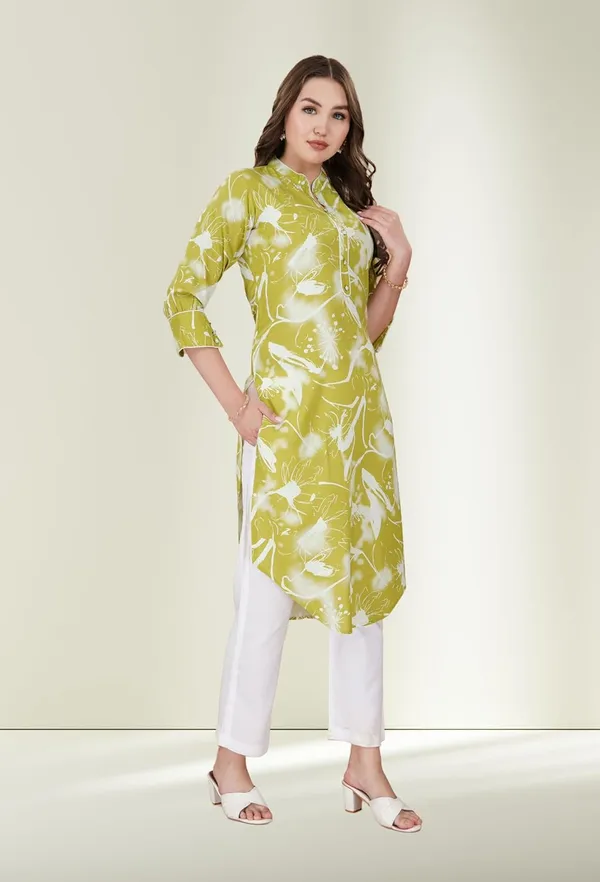 Pista_Green_Viscose_Rayon_Straight_Bottom_Wear_Kurti_Pant_Set_For_Women