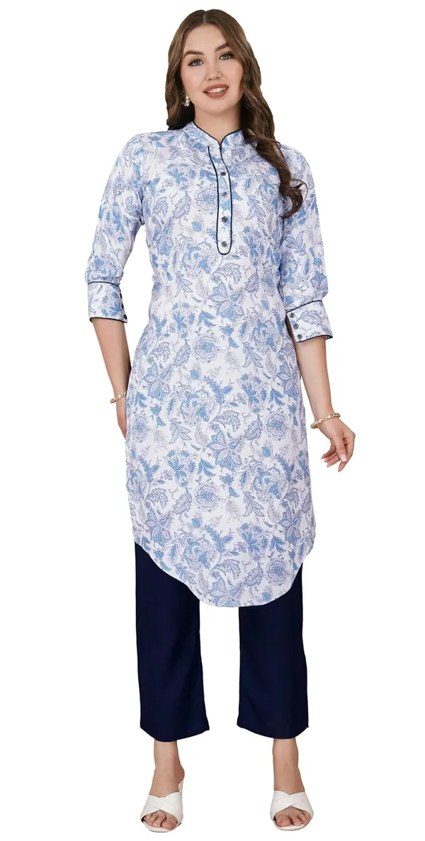 White_Viscose_Rayon_Straight_Bottom_Wear_Kurta_Set_Stylish__For_Women