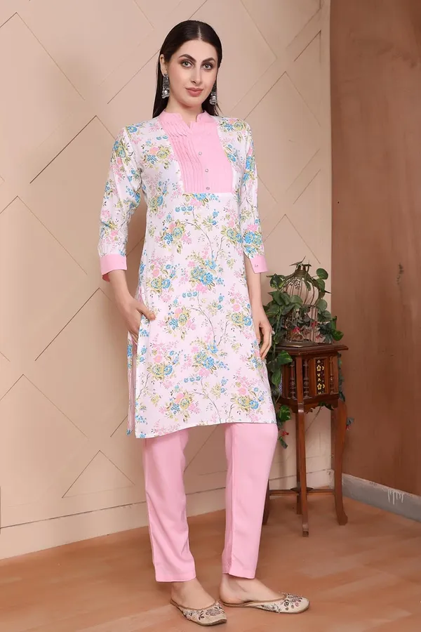 Pink_Viscose_Rayon_Straight_Elegant_Floral_Print_Soft_And_Comfortable_Fabric_Bottom_Wear_Kurta_Pant_Set_For_Women
