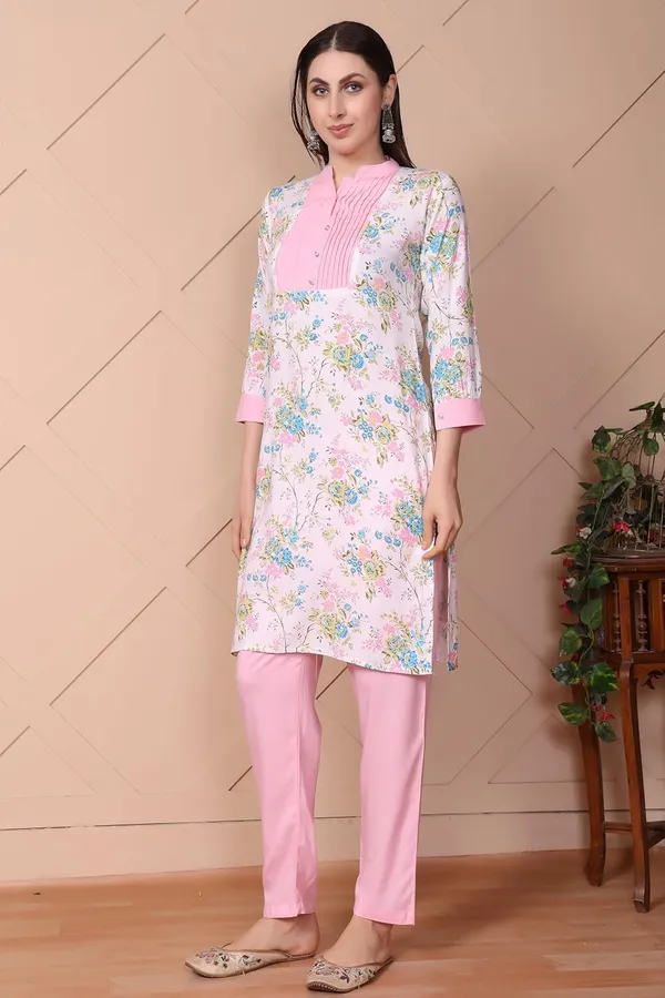 Pink_Viscose_Rayon_Straight_Elegant_Floral_Print_Soft_And_Comfortable_Fabric_Bottom_Wear_Kurta_Pant_Set_For_Women