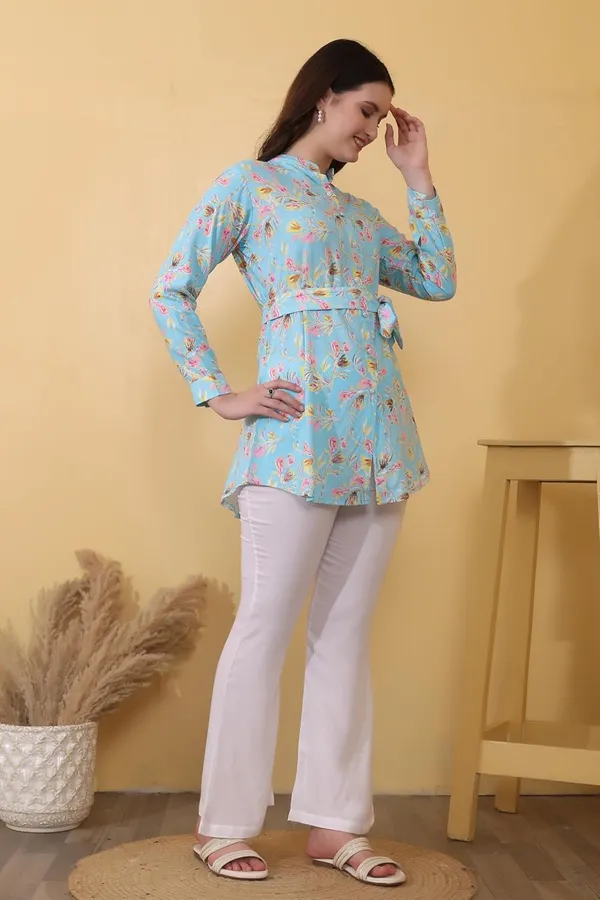 Blue_&_Beige_Short_Straight_With_Bottom_Wear_Flared_Pants_Viscose_Rayon_Kurti_Pant_Set