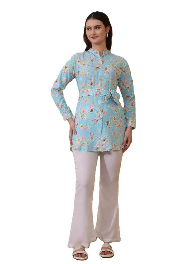 Blue_&_Beige_Short_Straight_With_Bottom_Wear_Flared_Pants_Viscose_Rayon_Kurti_Pant_Set