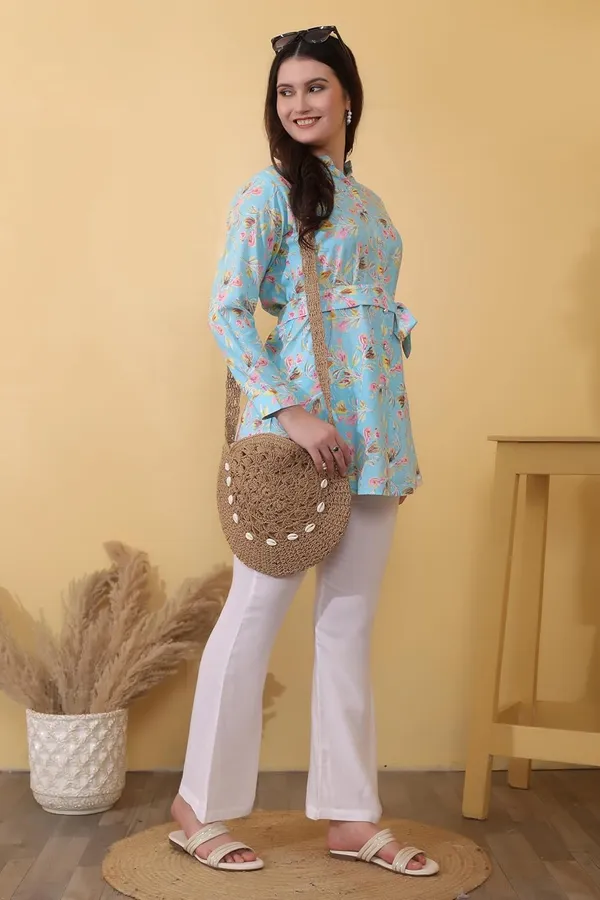 Blue_&_Beige_Short_Straight_With_Bottom_Wear_Flared_Pants_Viscose_Rayon_Kurti_Pant_Set