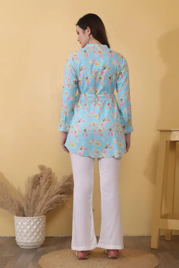 Blue_&_Beige_Short_Straight_With_Bottom_Wear_Flared_Pants_Viscose_Rayon_Kurti_Pant_Set