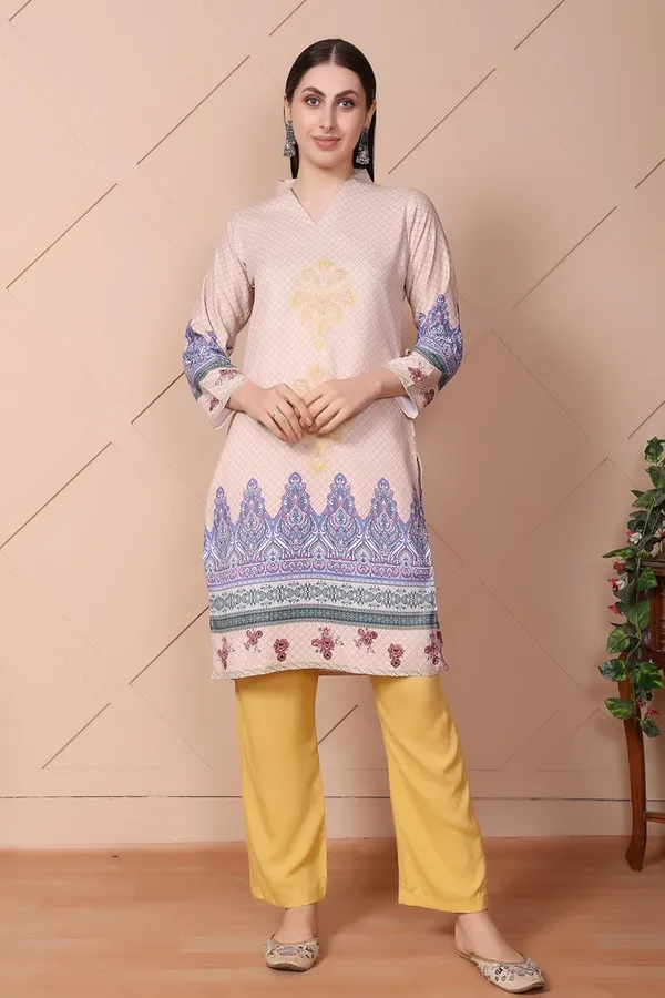 Multicolor_Straight_Ethnic_Motif_Print_Cotton_Blend_Top_&_Viscose_Rayon_Bottom_Wear_Kurta_Pant_Set_For_Women