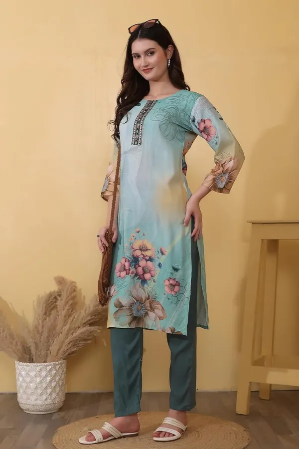 Sea_Green_Viscose_Rayon_Printed_Ethnic_Stylish_Festive_&_Casual_Wear_Lightweight_Soft_Bottom_Wear_Kurta_Pant_Set_For_Women