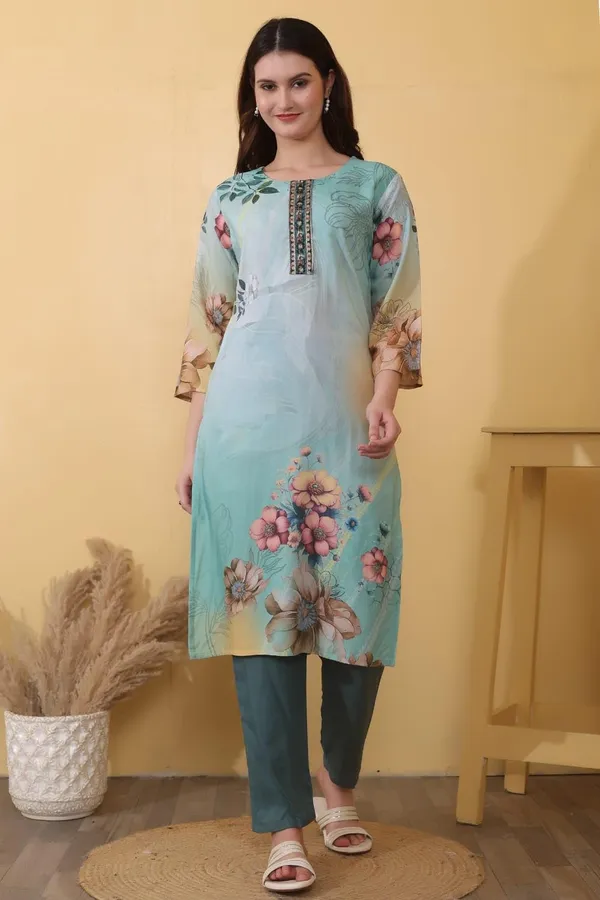 Sea_Green_Viscose_Rayon_Printed_Ethnic_Stylish_Festive_&_Casual_Wear_Lightweight_Soft_Bottom_Wear_Kurta_Pant_Set_For_Women