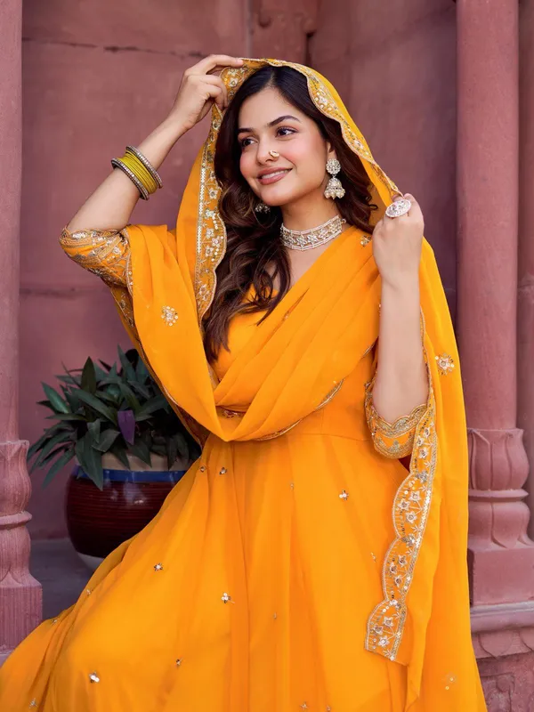 Marigold_Yellow_Anarkali_With_Silver_Gota_Patti_Work_For_Women
