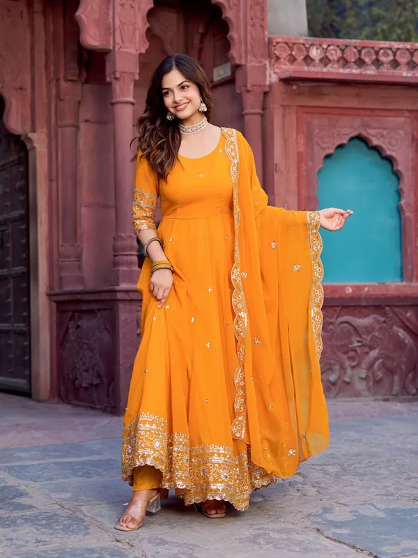 Marigold_Yellow_Anarkali_With_Silver_Gota_Patti_Work_For_Women
