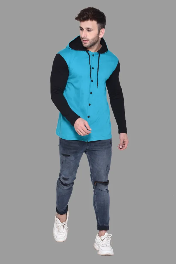 Turquoise_&_Black_Cotton_Blend_Hooded_Neck_Full_Sleeve_T_Shirt_For_Men