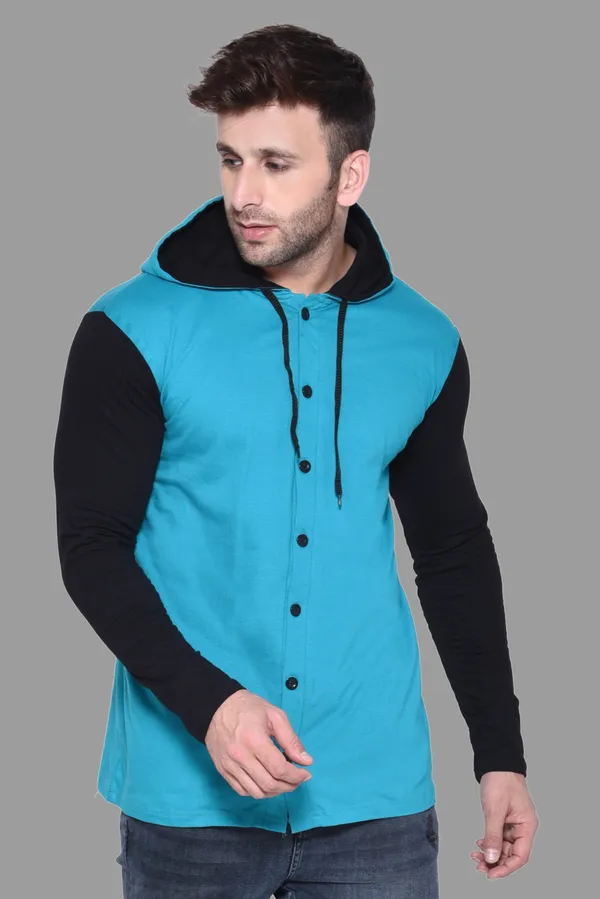 Turquoise_&_Black_Cotton_Blend_Hooded_Neck_Full_Sleeve_T_Shirt_For_Men