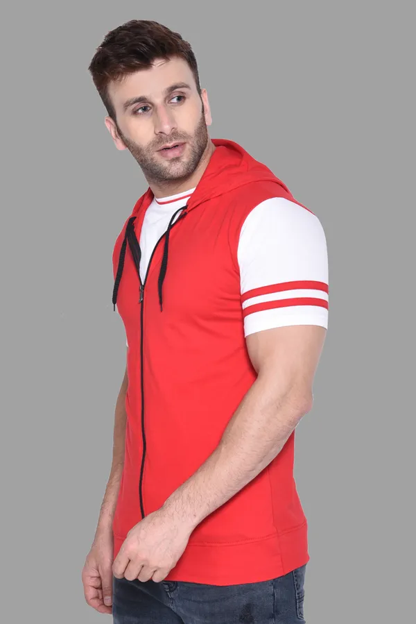 Red_Cotton_Blend_Hooded_Neck_Half_Sleeve_T_Shirt_For_Men