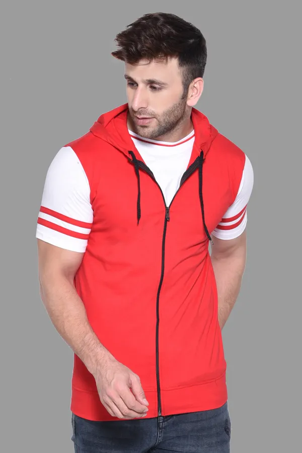Red_Cotton_Blend_Hooded_Neck_Half_Sleeve_T_Shirt_For_Men