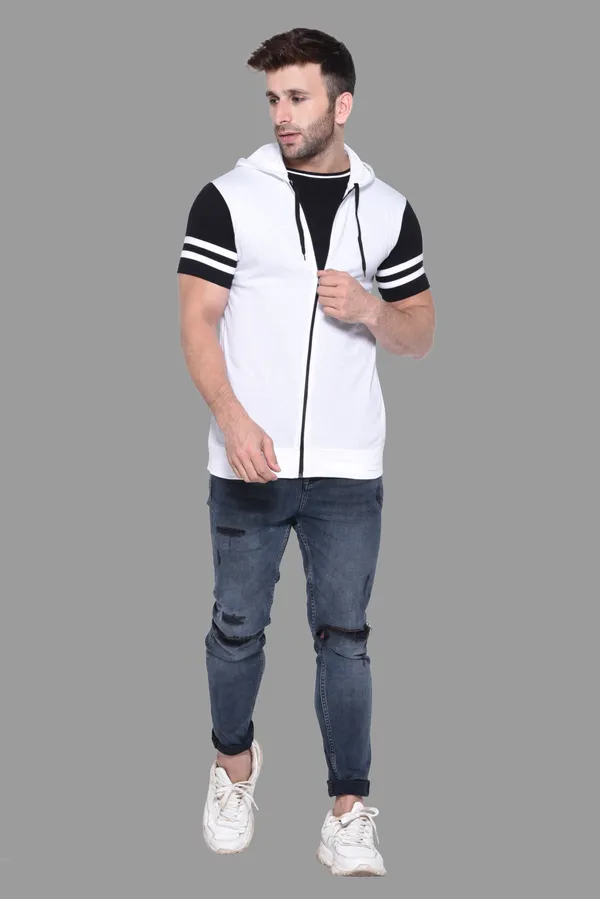 White_Cotton_Blend_Hooded_Neck_Half_Sleeve_T_Shirt_For_Men