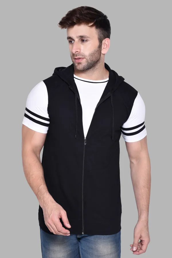 Black_Cotton_Blend_Hooded_Neck_Half_Sleeve_T-Shirt_For_Men
