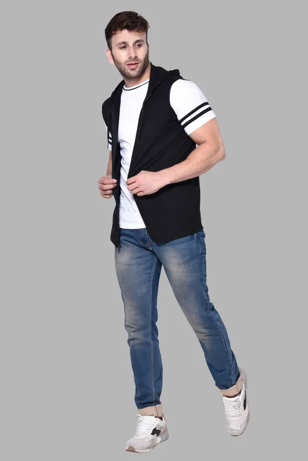 Black_Cotton_Blend_Hooded_Neck_Half_Sleeve_T-Shirt_For_Men