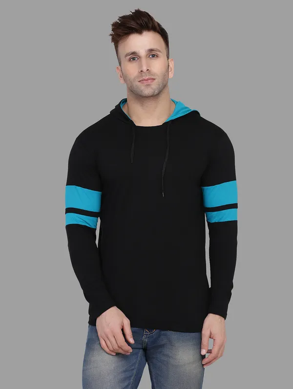 Black_&_Turquoise_Cotton_Blend_Hooded_Neck_Full_Sleeve_T_Shirt_For_Men