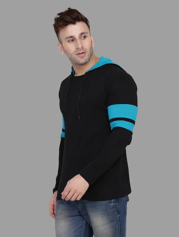 Black_&_Turquoise_Cotton_Blend_Hooded_Neck_Full_Sleeve_T_Shirt_For_Men