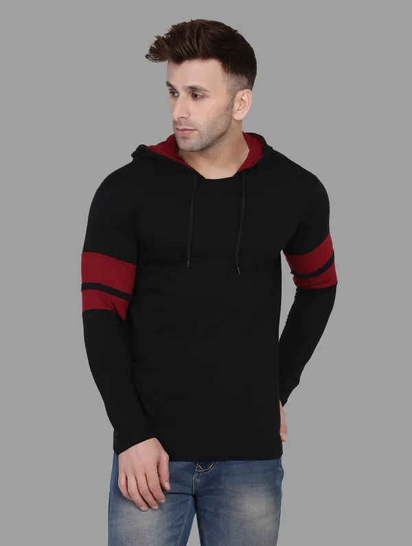 Black_&_Maroon_Cotton_Blend_Hooded_Neck_Full_Sleeve_T_Shirt_For_Men