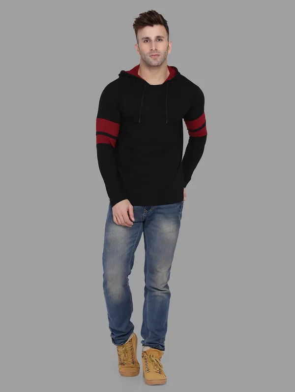 Black_&_Maroon_Cotton_Blend_Hooded_Neck_Full_Sleeve_T_Shirt_For_Men